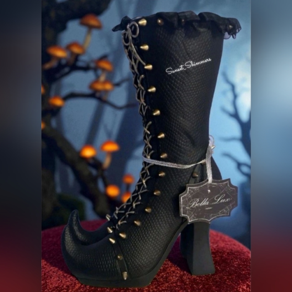 Bella Lux Halloween Witches Boots Black Gold Laces Bow Spikes Goth Witch Decor - Picture 2 of 9